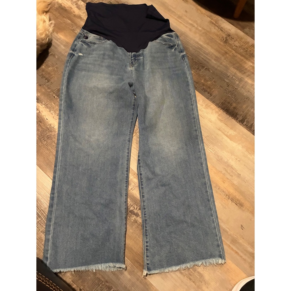 PinkBlush Maternity Wide Leg Jeans Light Wash Raw Hem Over Belly Blue Denim